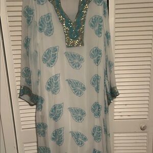 Soft Surroundings Teal and Gold Leaf Pattern Dress
